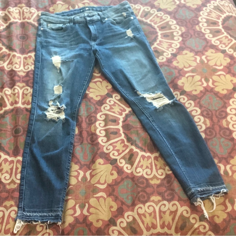 7 For All Mankind Distressed Cropped Blue Skinny Jeans